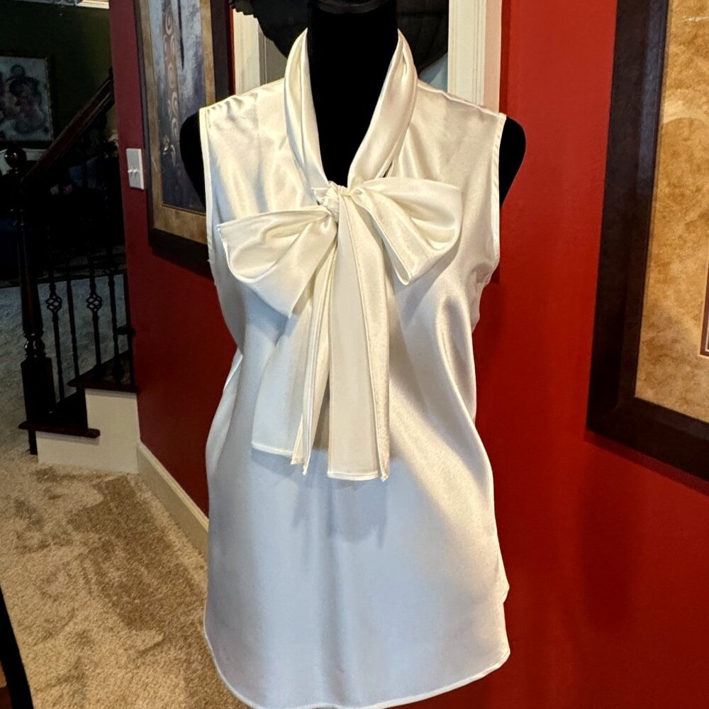 Nine West  White Satin Sleeveless Blouse with Tie